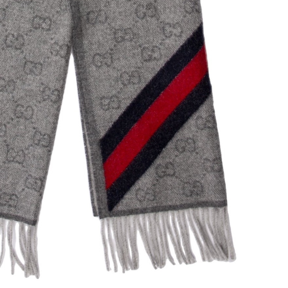 NEW GUCCI ‘New Nikky’ 570603 Web Fringe Wool Alpaca Zinc Blue Gray Unisex Scarf - Picture 12 of 12